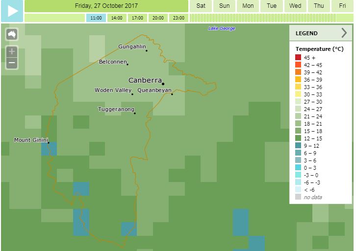 MetEye three-hourly forecast for temperature (map view)